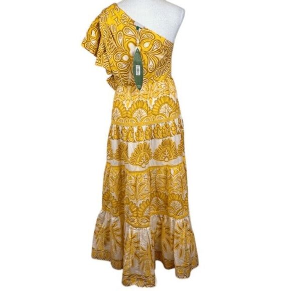 NWT Farm Rio Ainika Tapestry Yellow One Shoulder Maxi Dress Seashell Size Small - Picture 7 of 16